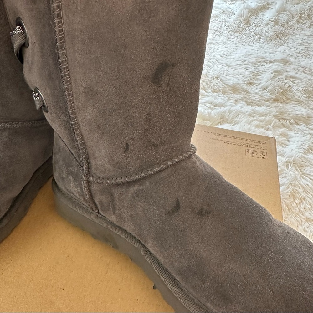 UGG Bailey Bow II Gray Suede Sheepskin Winter Boots Women’s Size 8 Fur Lined - Picture 7 of 10